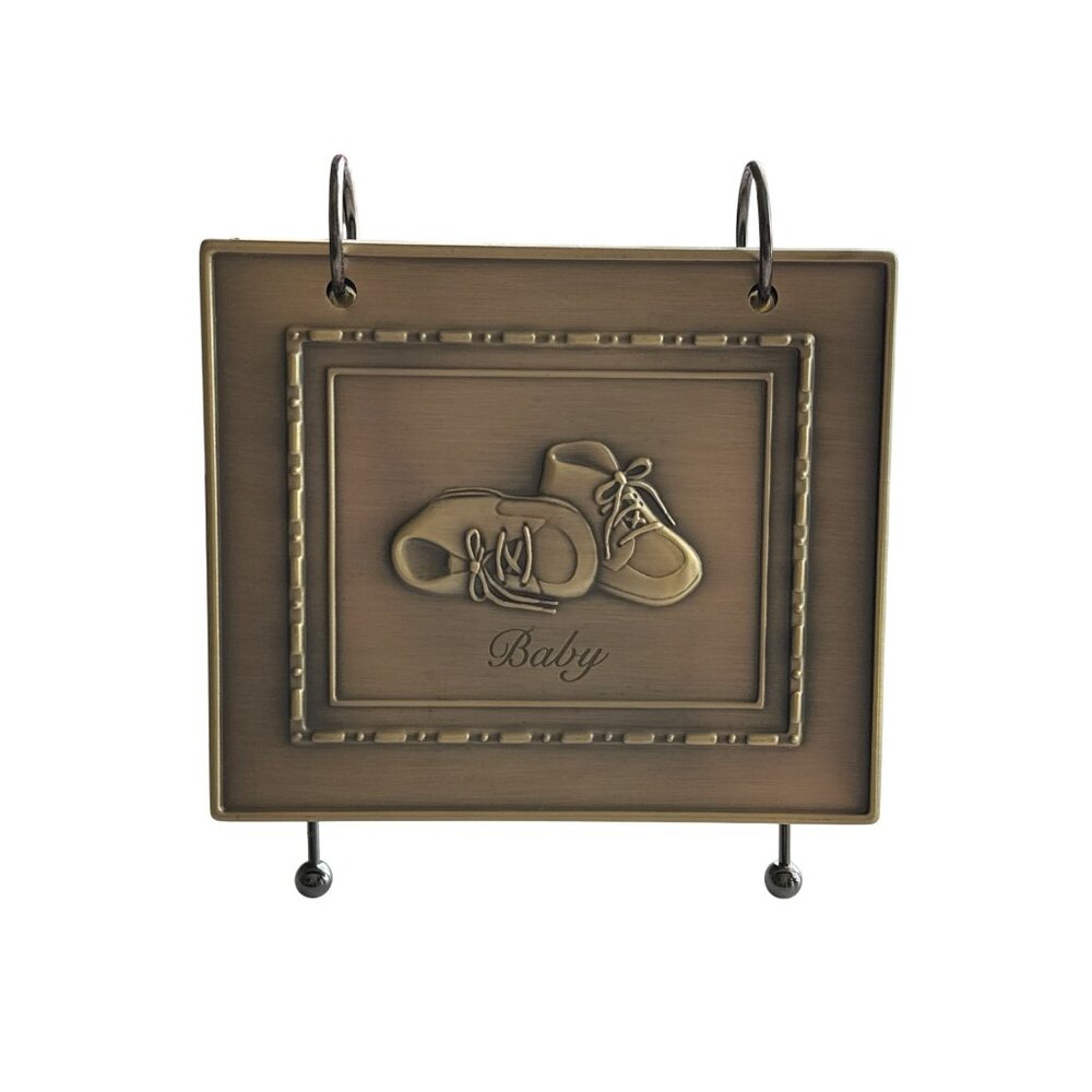 Burnes Of Boston Bronze Baby Frame Metal Stand Flip Page 2002 Baby Shoes Vintage